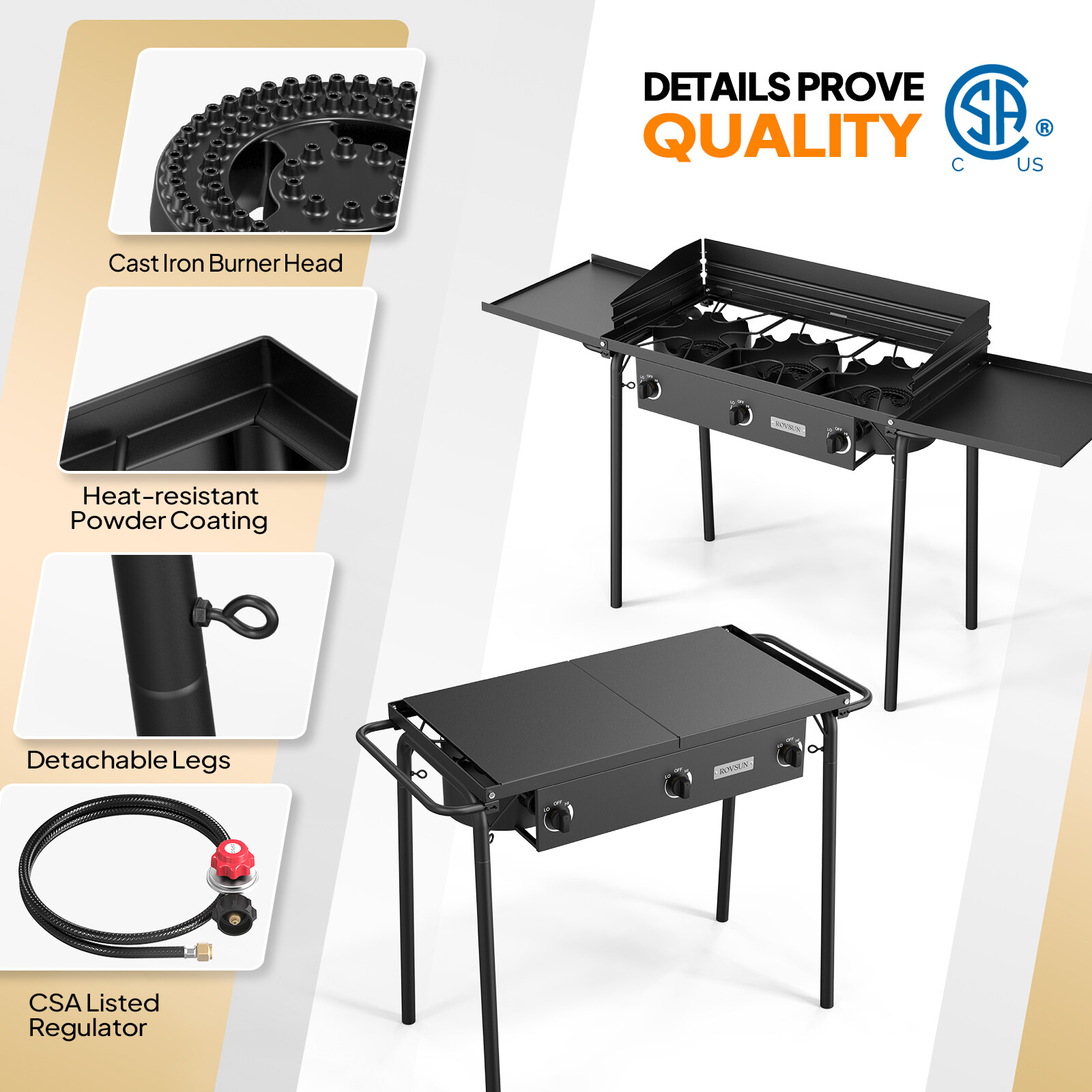 3 Burner Outdoor Propane Stove 225,000BTU Camping Gas Cooker Windscreen & Shelf