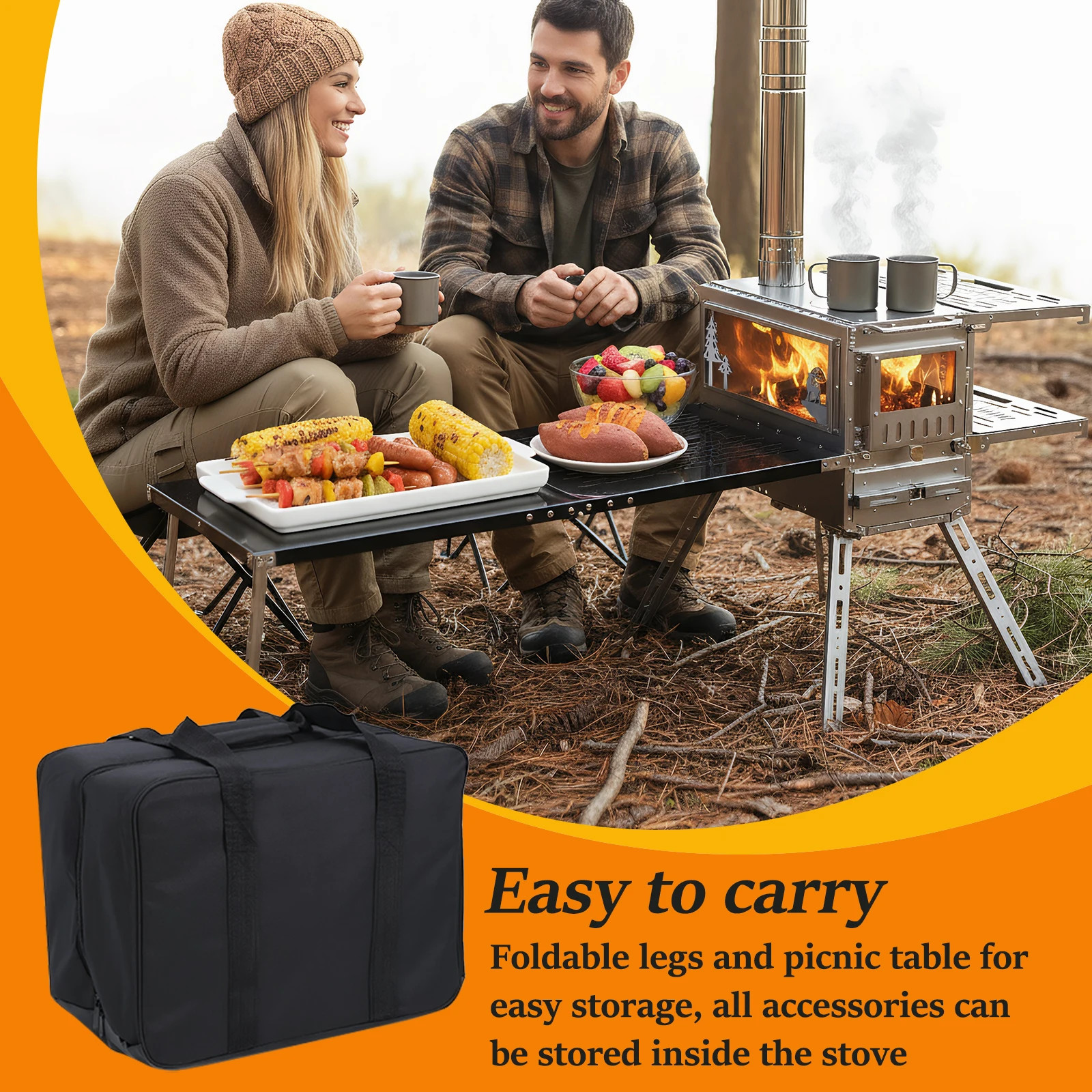 Camping Stove with Oven & Camping Table with Chimney Pipe Multi-Fuel Camp Stove