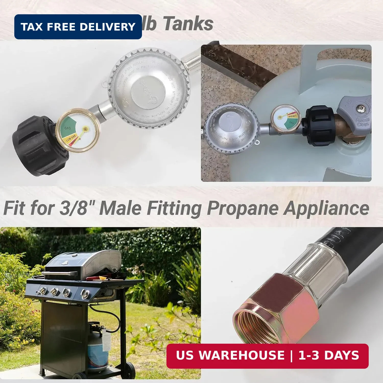 2 Feet Propane Hose with Regulator & Gauge, Low Pressure regulator with 3/8 inch