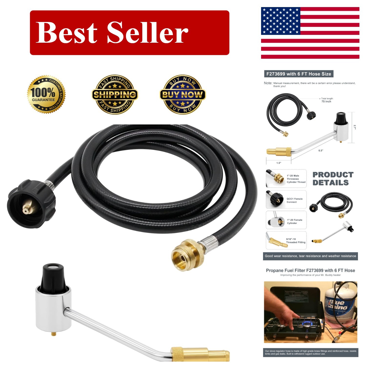 Thaekuns 5430 Camping Stove Regulator with 6 FT Propane Adapter Hose black