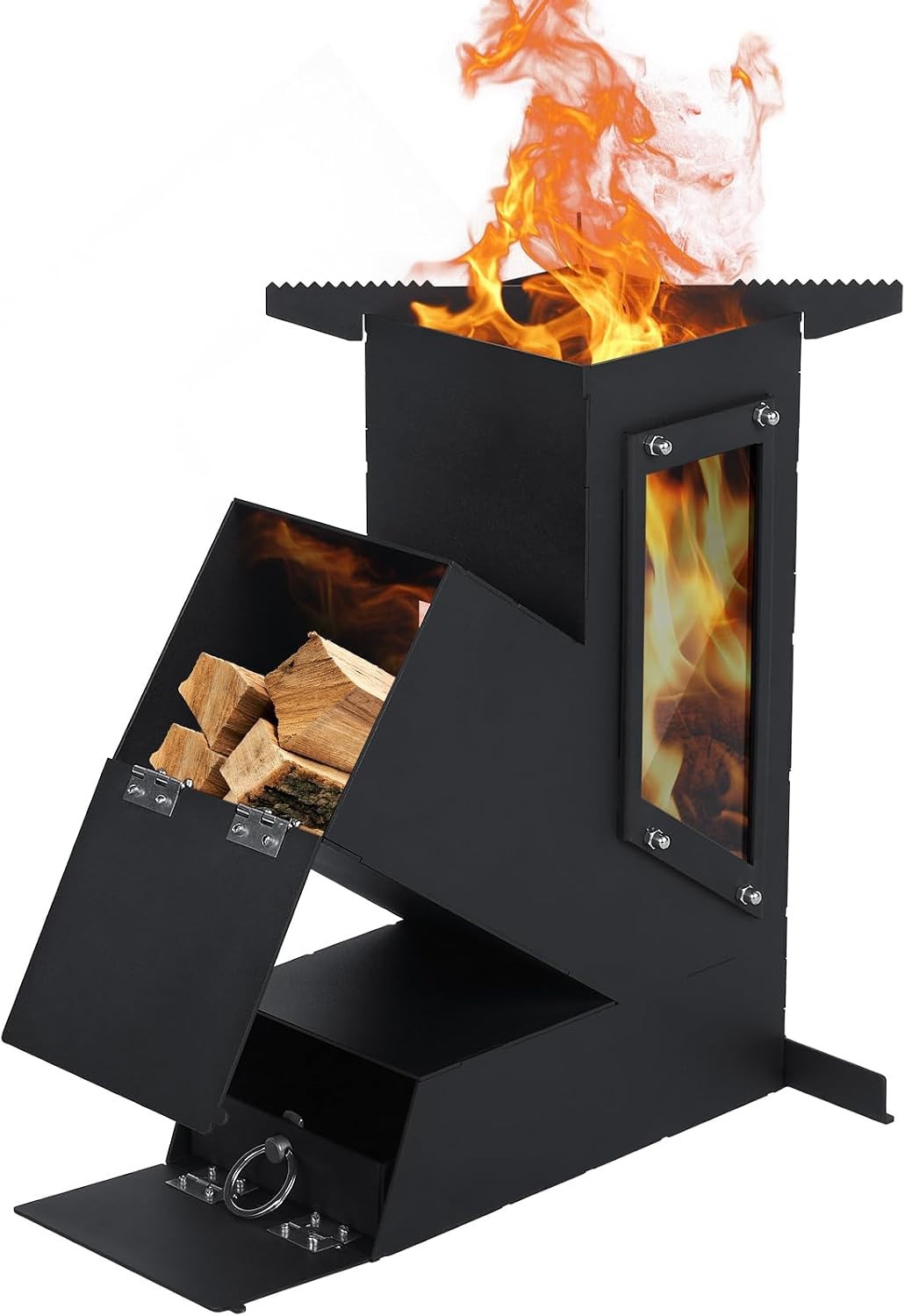 Rocket Stove Portable Wood Burning w/ Glass Window Camping Grill for Outdoor