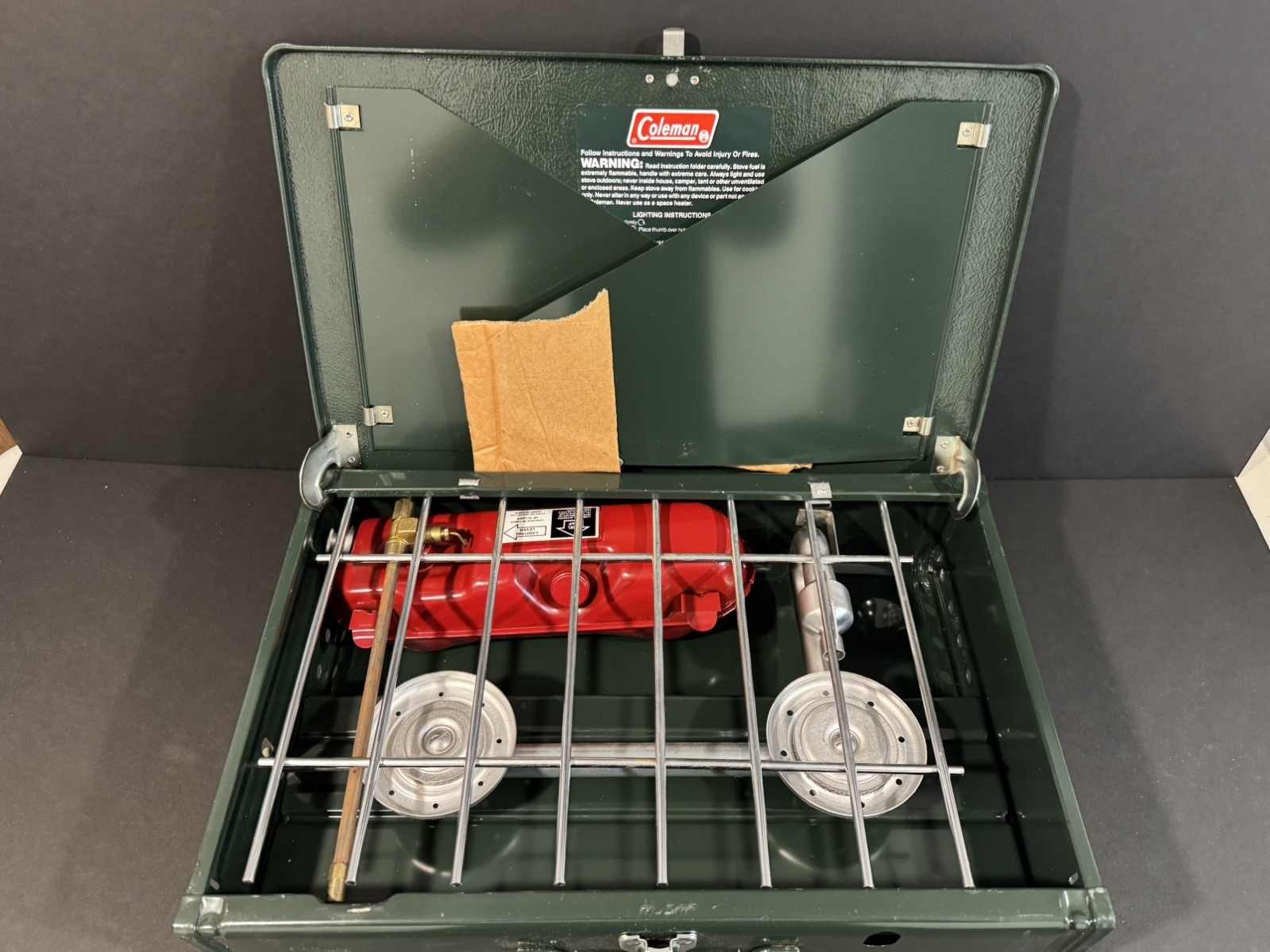 Vintage Coleman 425F499 Two Burner Camp Stove Fuel Gas Red Tank-NEW IN BOX