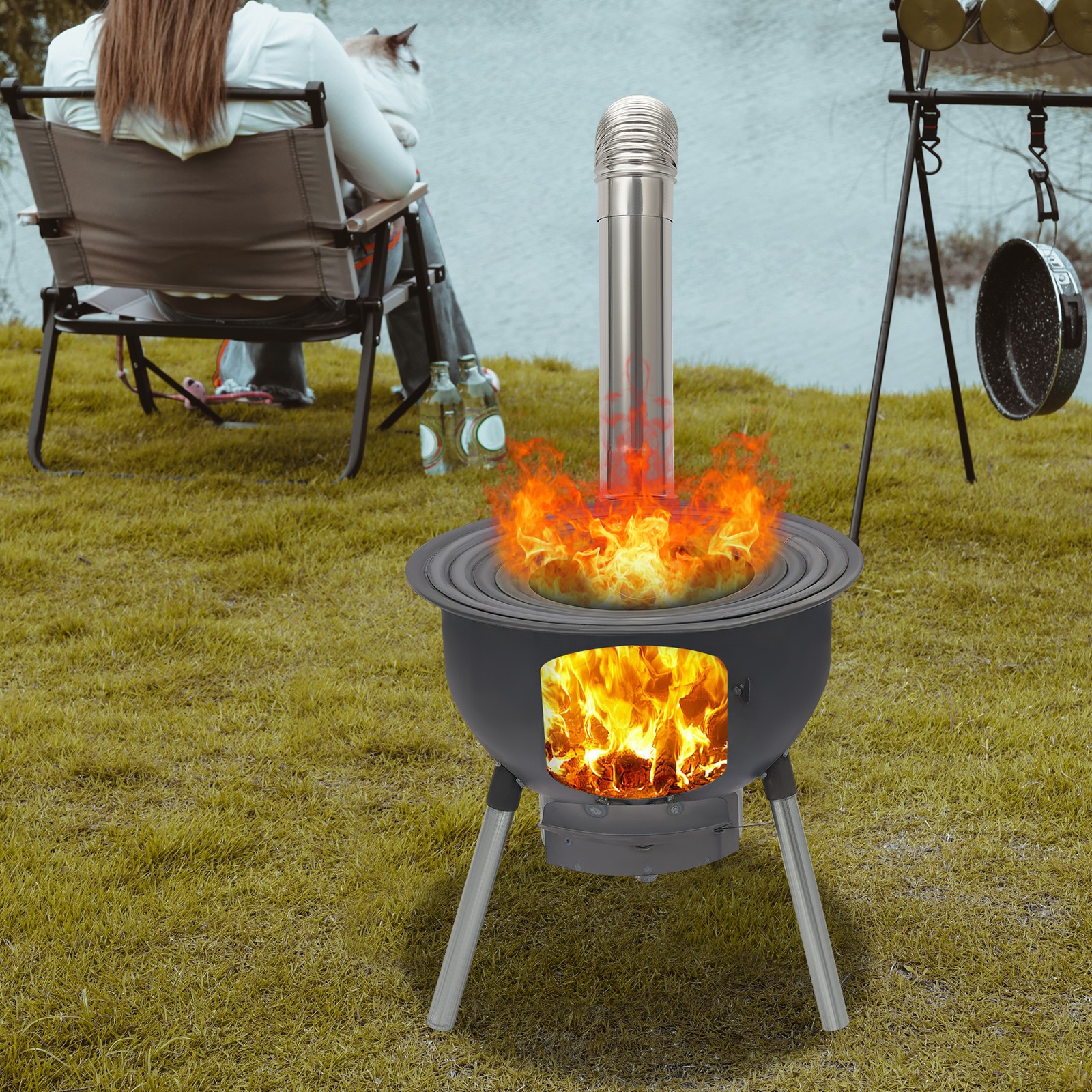 Wood Burning Stove with Grill Rack Charcoal Grill Camping Rocket Stove Outdoor