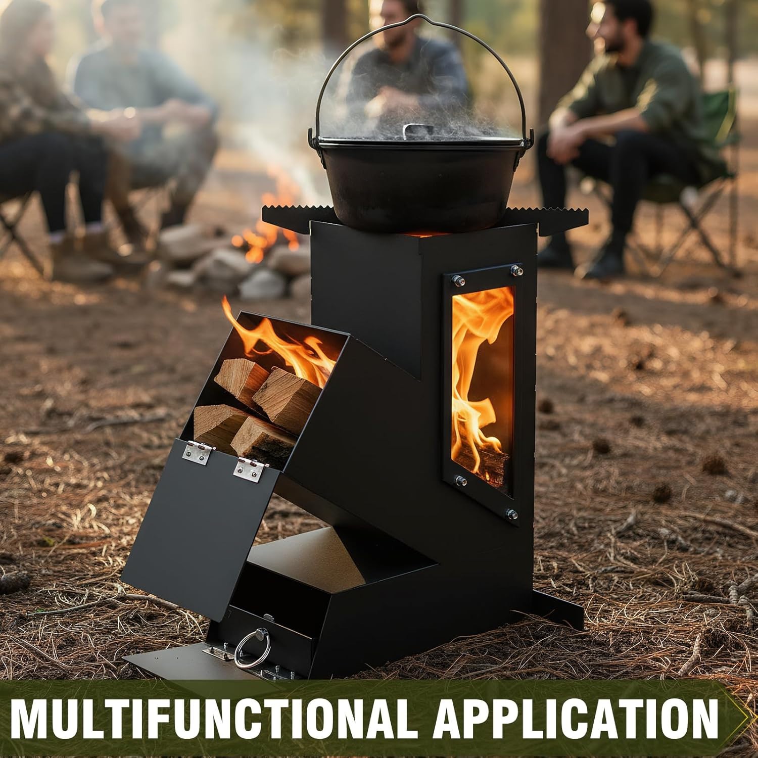 Rocket Stove Portable Wood Burning w/ Glass Window Camping Grill for Outdoor