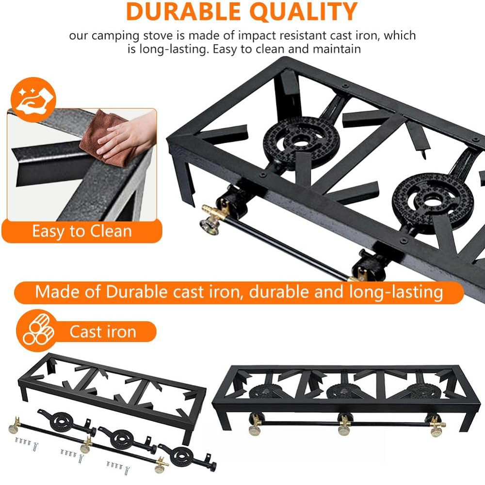 Cast Iron 3 Burner Portable Outdoor Camping Stove Propane Gas LPG BBQ Cooker