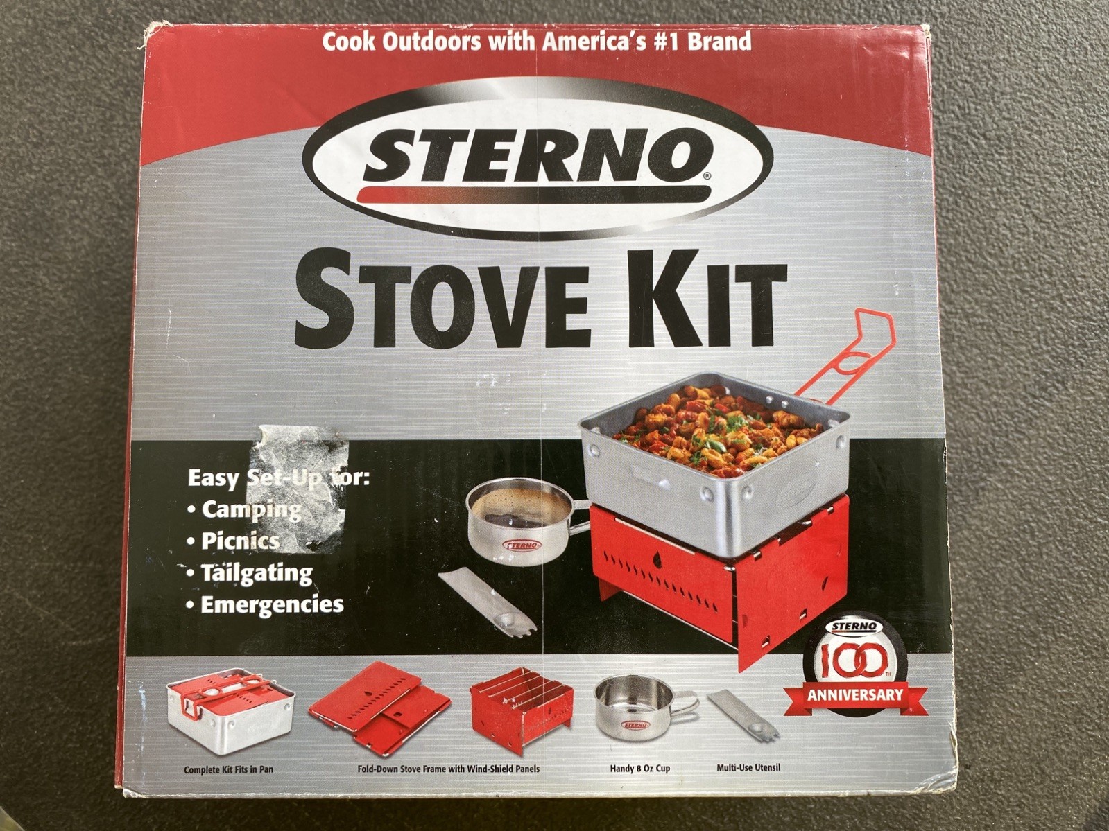 Sterno Camp Stove KIT with Pan Cup Multi-use Utensil Wind-Shield Panels