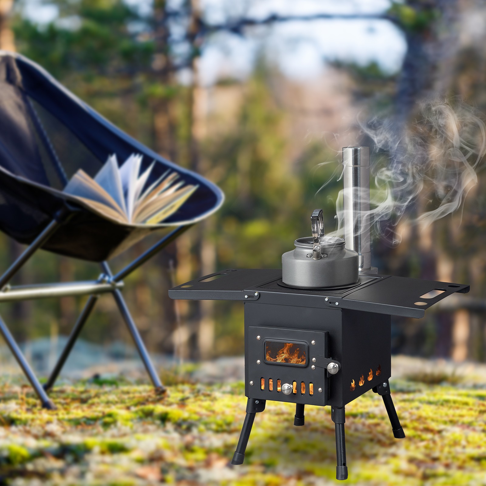 Camping Wood Stove Stainless Steel Camping Tent Stove Burning Stove with 3 Pipes