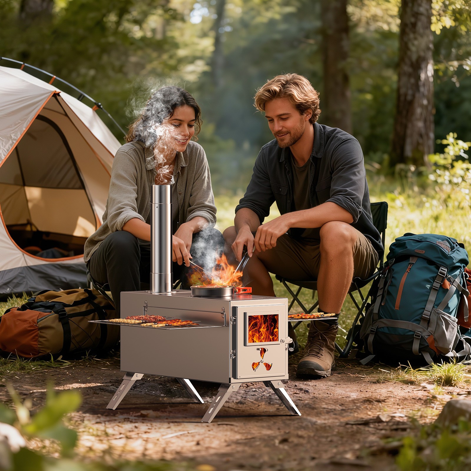 Portable Camping Wood Stove – Stainless Steel Tent Stove with 7 Chimney Pipes