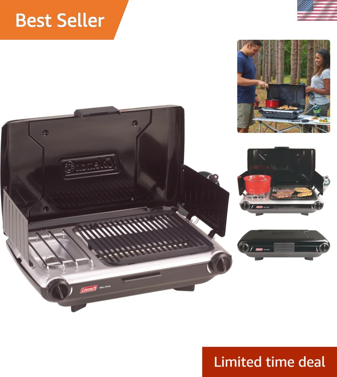 Tabletop 2-in-1 Camping Grill/Stove, 2-Burner Propane Grill & Stove with Adju…