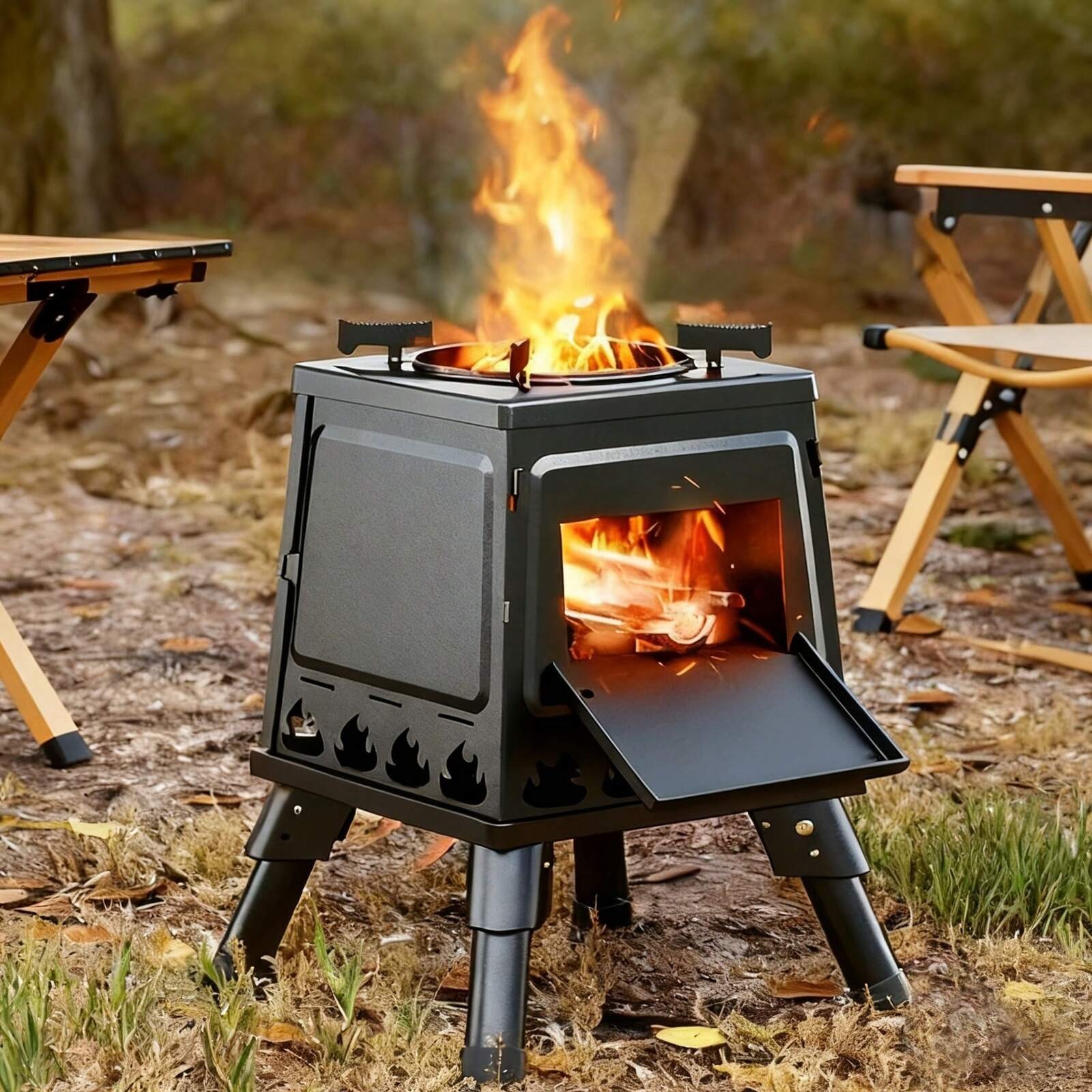 New Portable Wood Burning Camp Stove Folding Outdoor Cooking Stove Black