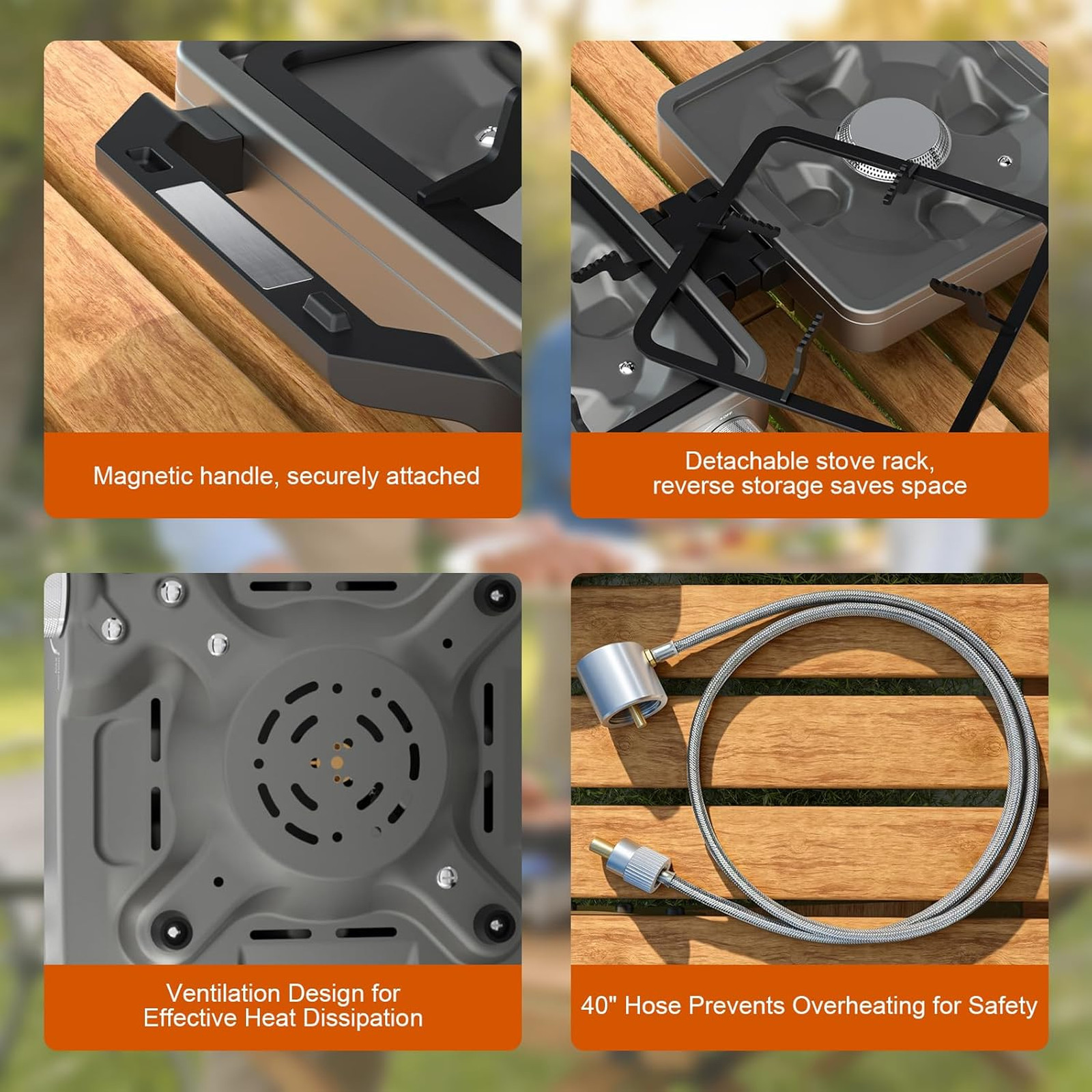 Portable camping stove with 27000 BTUs, dual burners, folding design