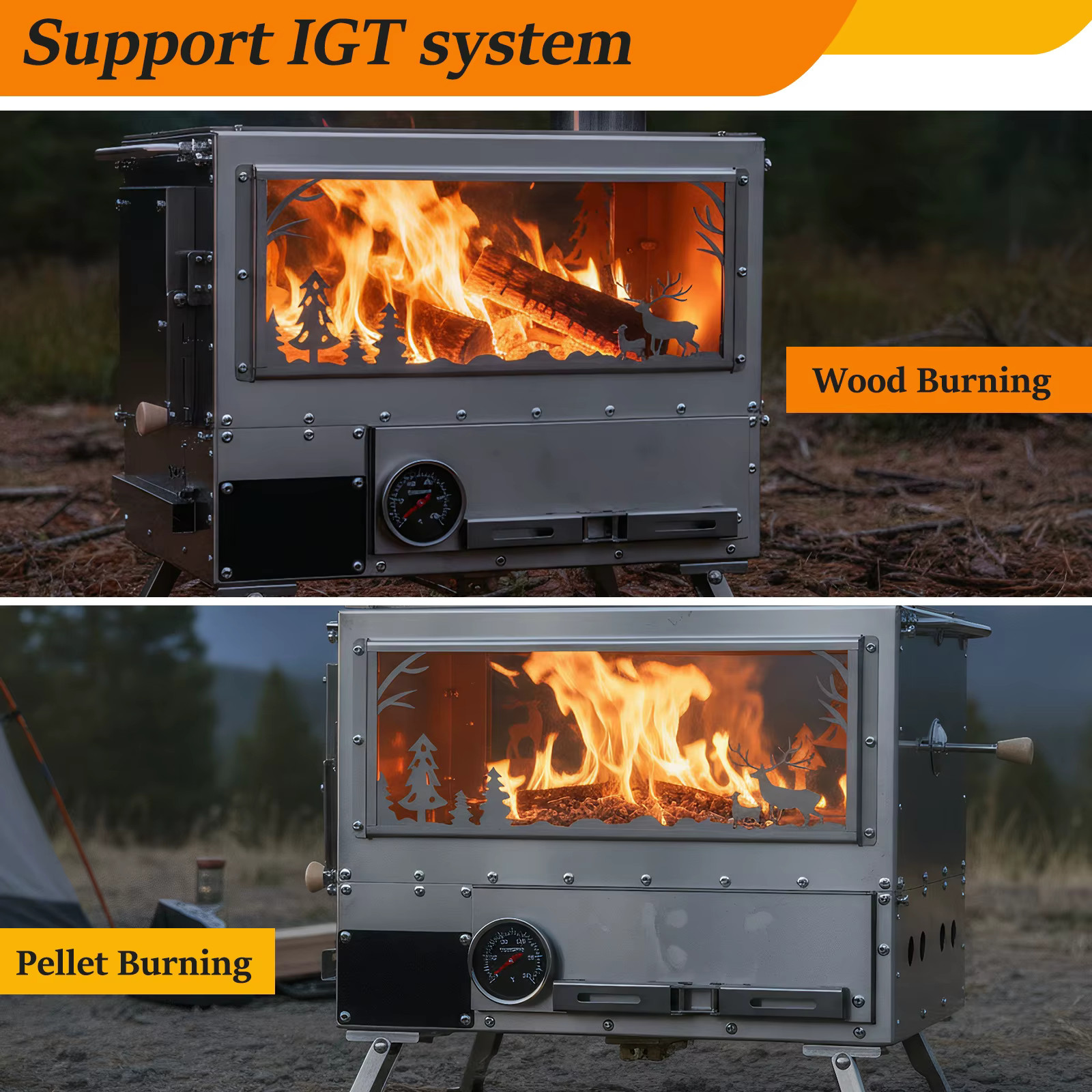 Camping Stove with Oven & Camping Table with Chimney Pipe Multi-Fuel Camp Stove