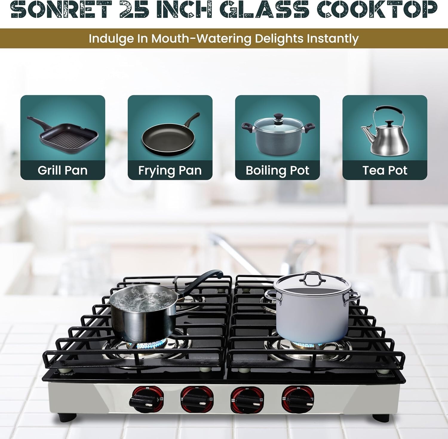 Gas Stove Top -25″ – 4 Burner With Hose & Regulator to Connect propane cooktop