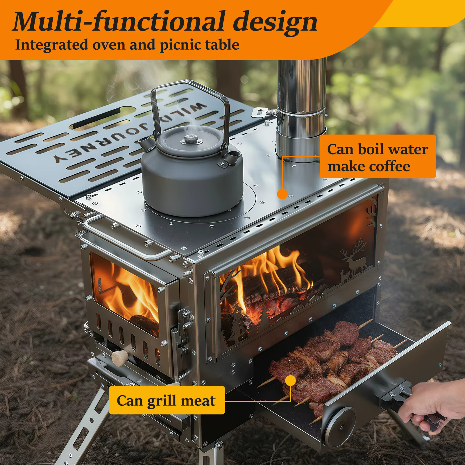 Camping Stove with Oven & Camping Table with Chimney Pipe Multi-Fuel Camp Stove