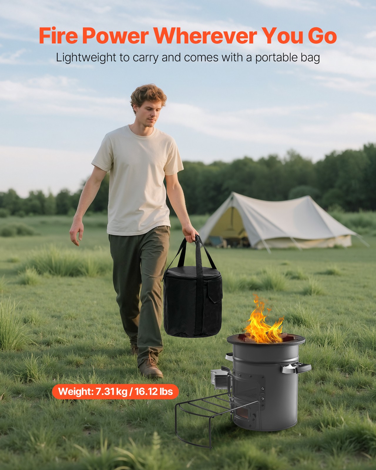 VEVOR Camping Rocket Stove Wood Burning Portable Rocket Stove with Double Door