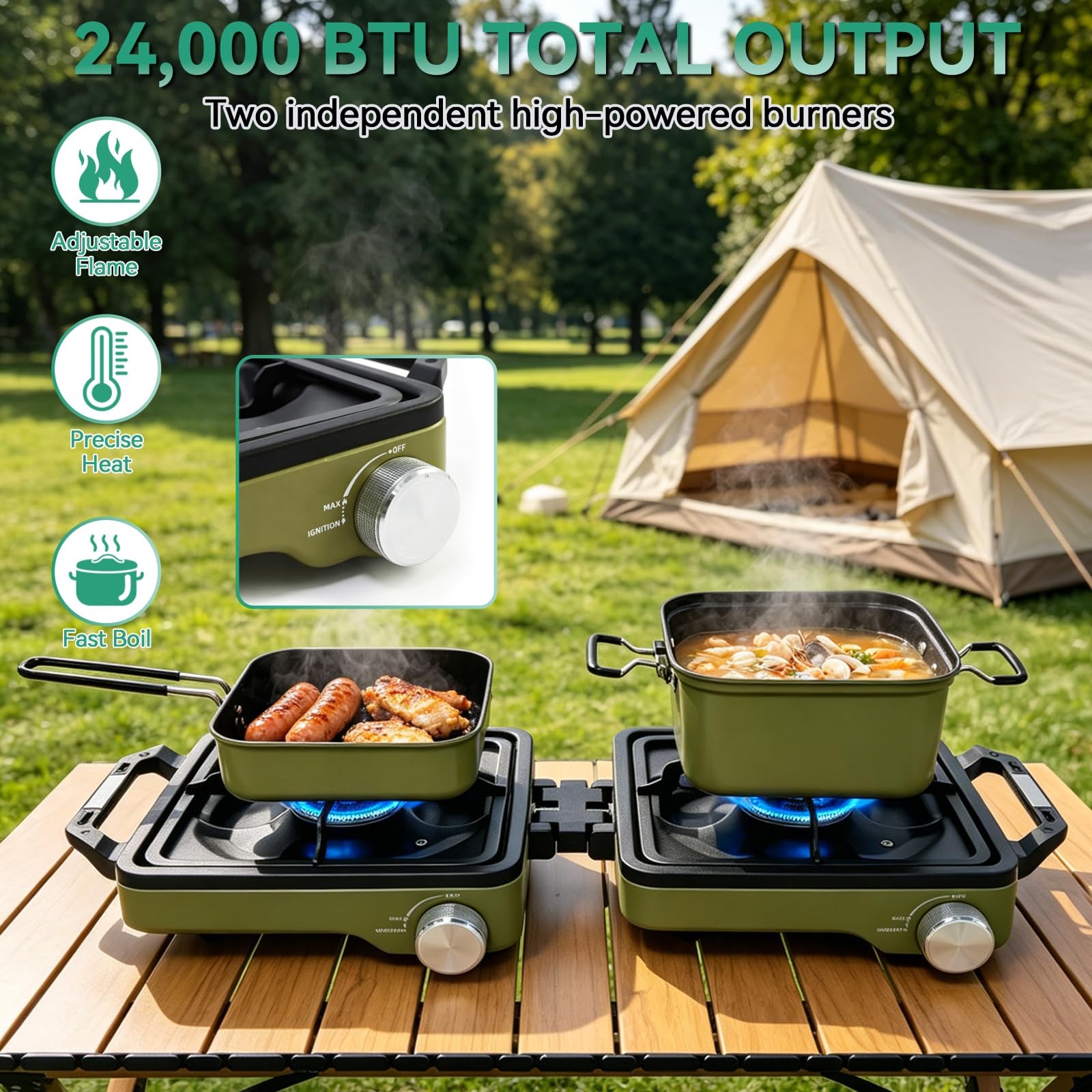 2 Burner Portable Propane Camping Stove Kit 24000 BTU Foldable Hiking Stove