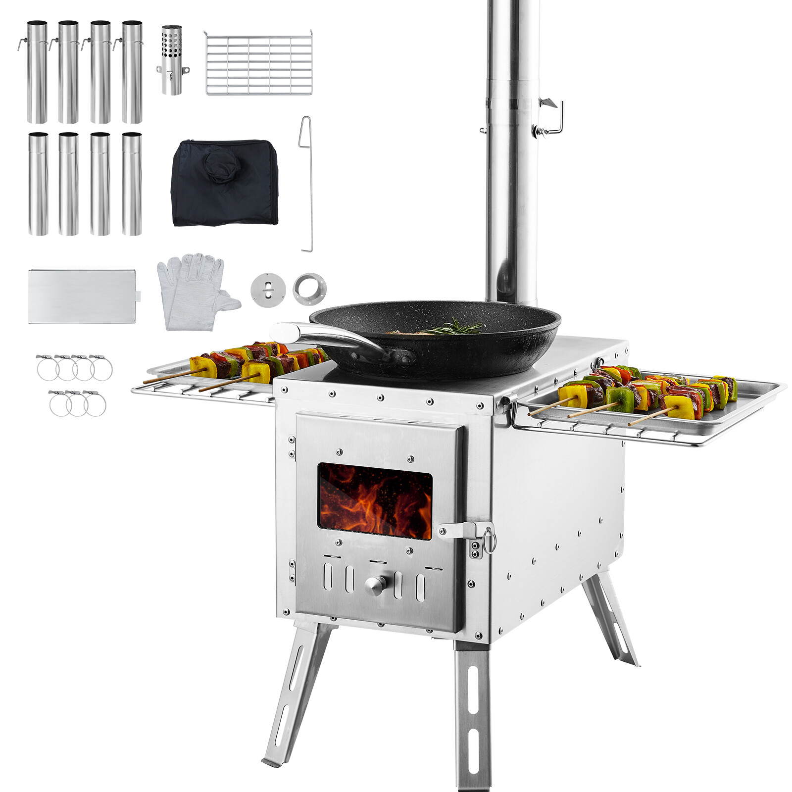 VEVOR 86 in Portable Wood Stove Camping Tent Stove w/ Pipe Stainless Steel
