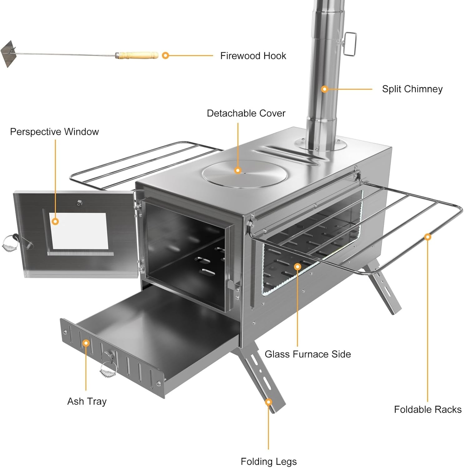 Portable Wood Burning Stove with 6 Stainless Chimney Pipes for Outdoor Hot Tent