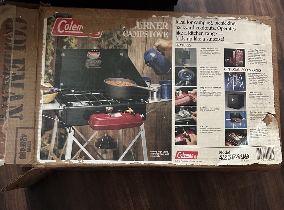 NEW Vtg 1986 Coleman 425F Two Burner Gas Camp Stove Model 425F-499 Open Box NOS