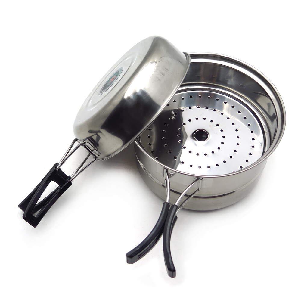 3PCS Outdoor Camping Cookware Stainless Steel Cooking Picnic Bowl Pot Pan Set
