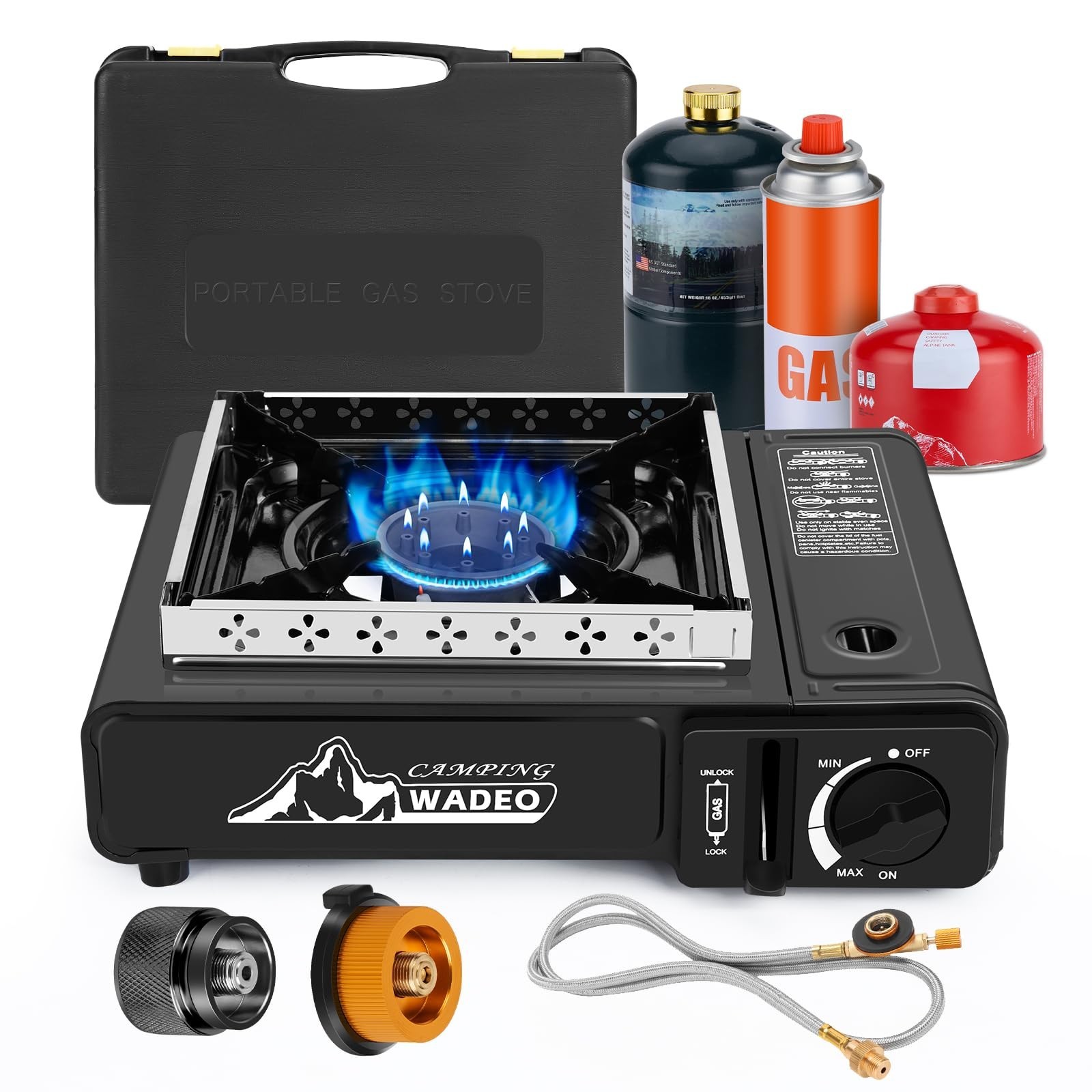 Three Fuel Portable Camping Stove with Windblocker with Carrying Case&Adapters