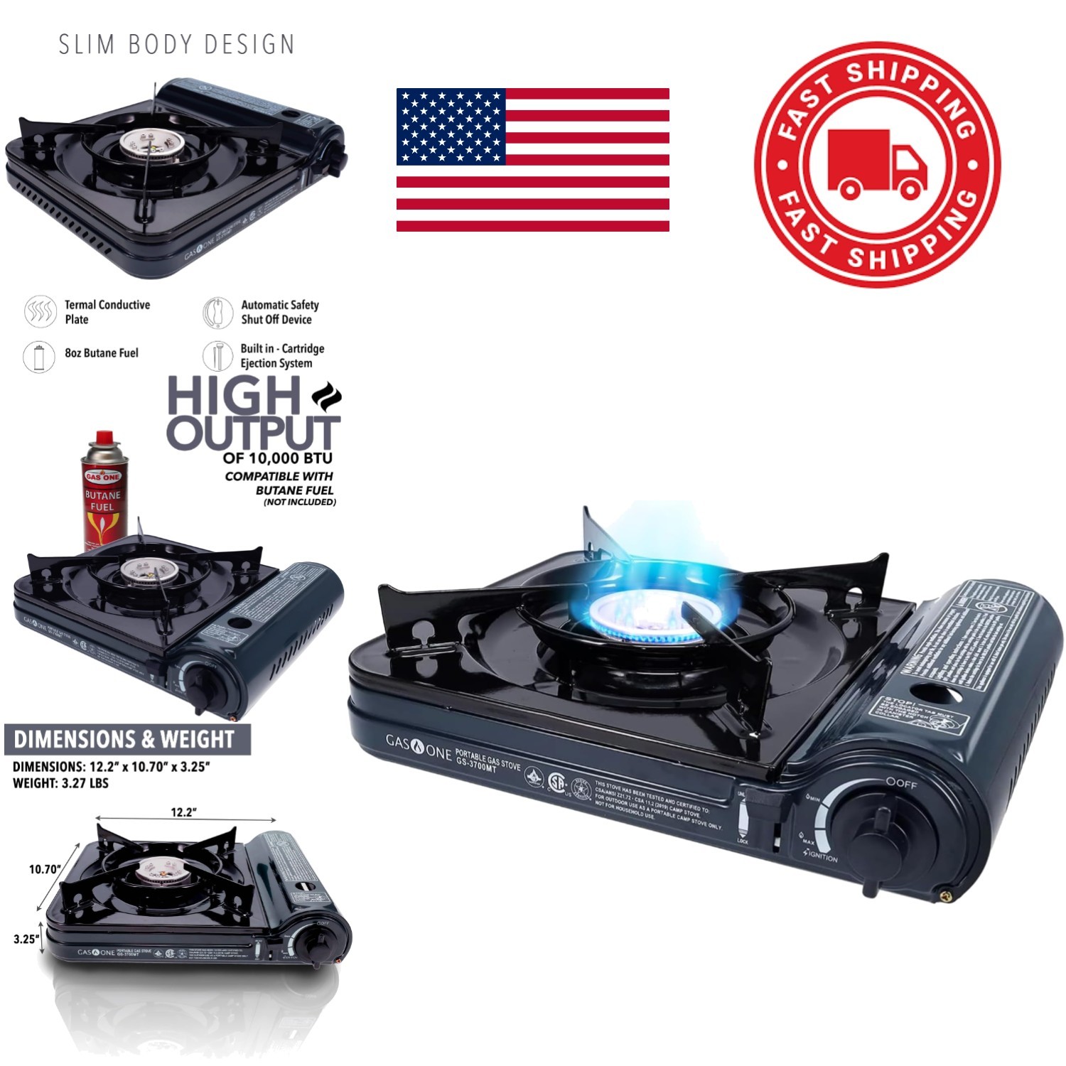 Lightweight Portable Butane Stove 10,000 BTU Midnight Color with Safety Features