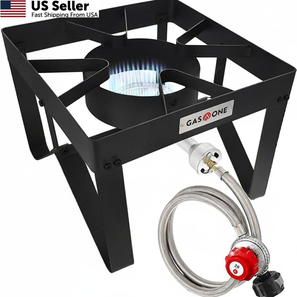 GasOne B-5200K Outdoor Cooker with High Pressure Steel Braided Hose Black