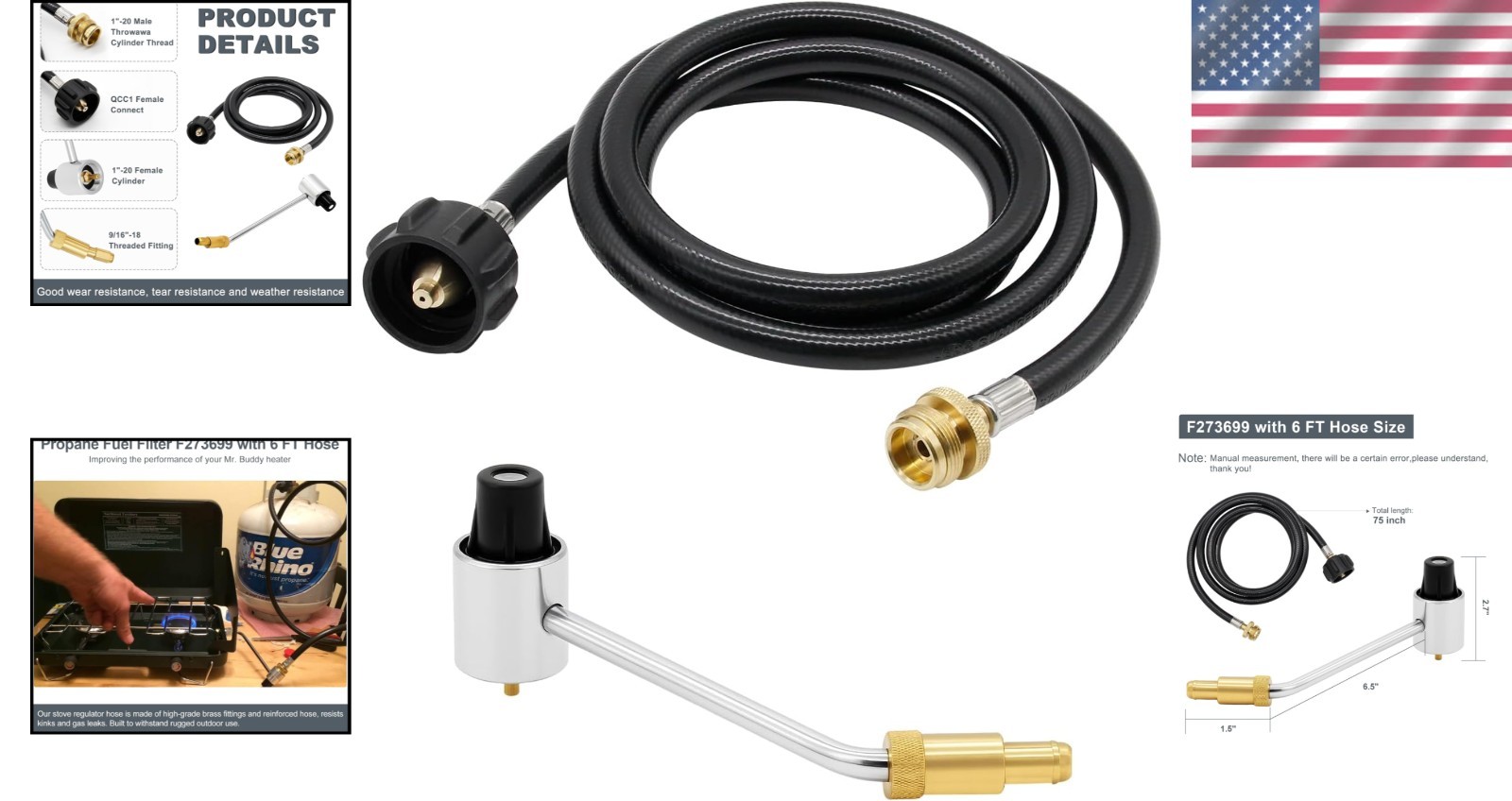 Thaekuns 5430 Camping Stove Regulator with 6 FT Propane Adapter Hose black