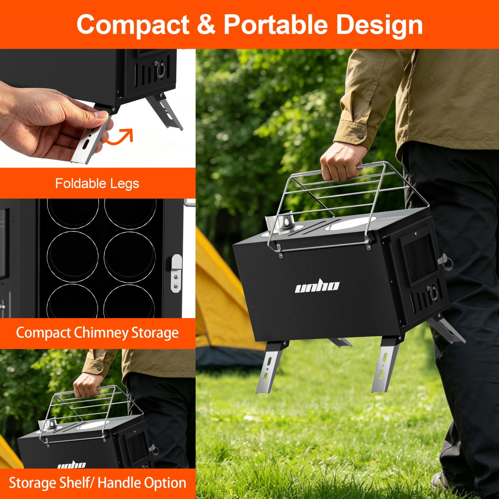 Portable Wood Burning Stove with 6 Chimney Pipes Heavy Duty Hot Tent Heater USA