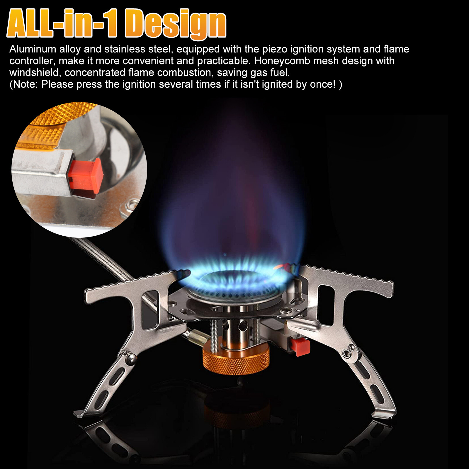 3700W Portable Backpacking Camping Gas Stove with Piezo Ignition + Burner + Case