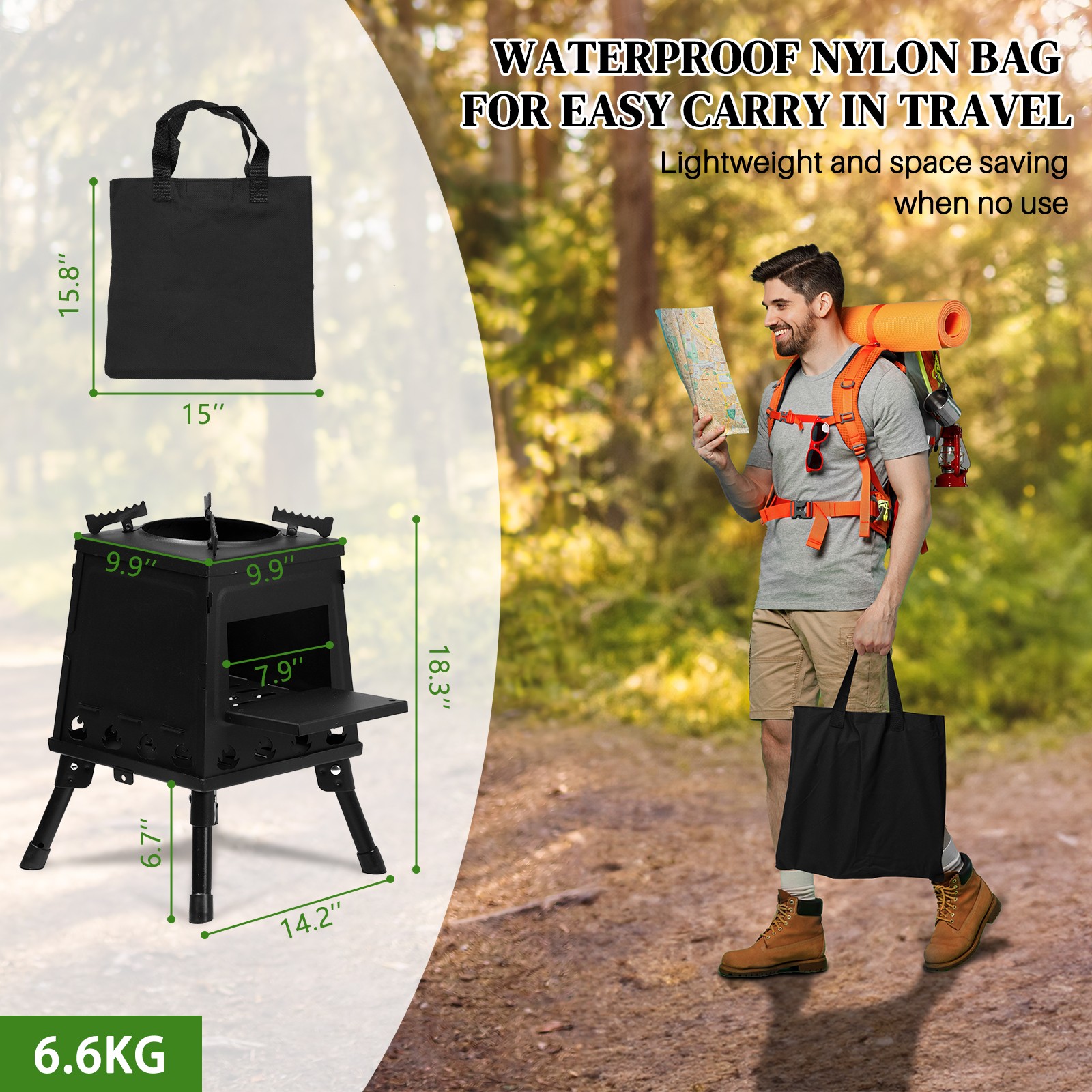 Wood Burning Tent Stove, Portable, for Camping Outside Black Outdoor
