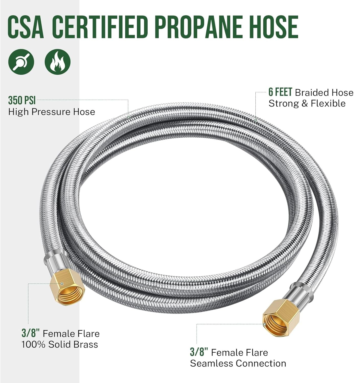 6 Feet Propane Hose Extension, Braided 3/8″ Extension Gas Silver
