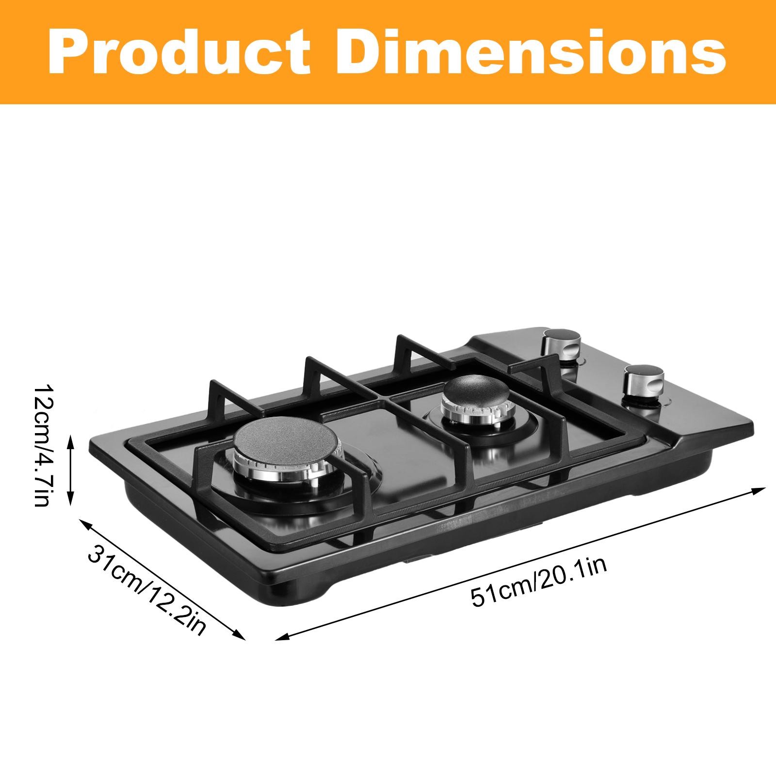 Kitchen 20 inch Gas Cooktop 2 burners NG/LPG Stainless Steel Tempered Glass New