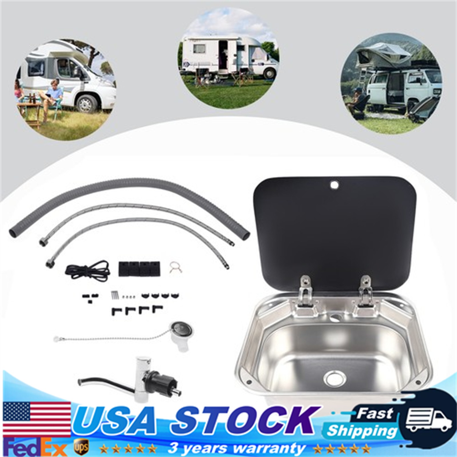 Stainless Steel RV Camper Caravan Trailer Sink Hand Wash Basin W/ Lid & Faucet