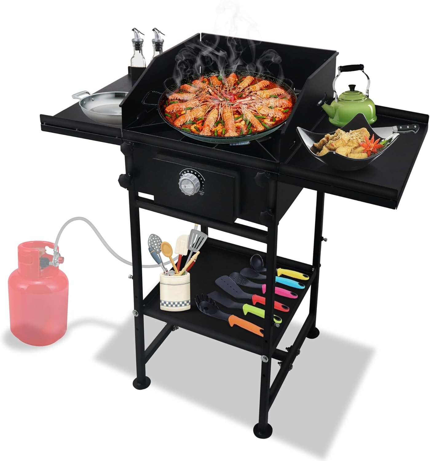 Single Burner Propane Stove – with Dual Side & Bottom Shelf and Wind Panel