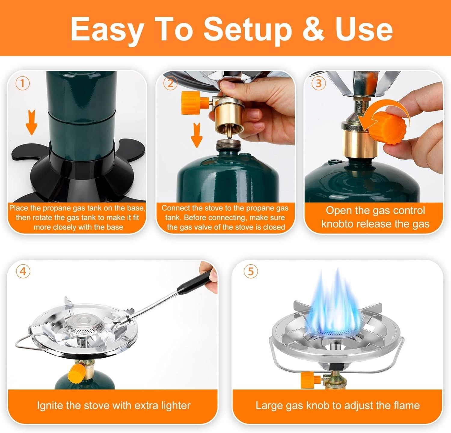 Camping Stove Propane Burner Portable Camp Stove W/ Foldable Gas Tank Base