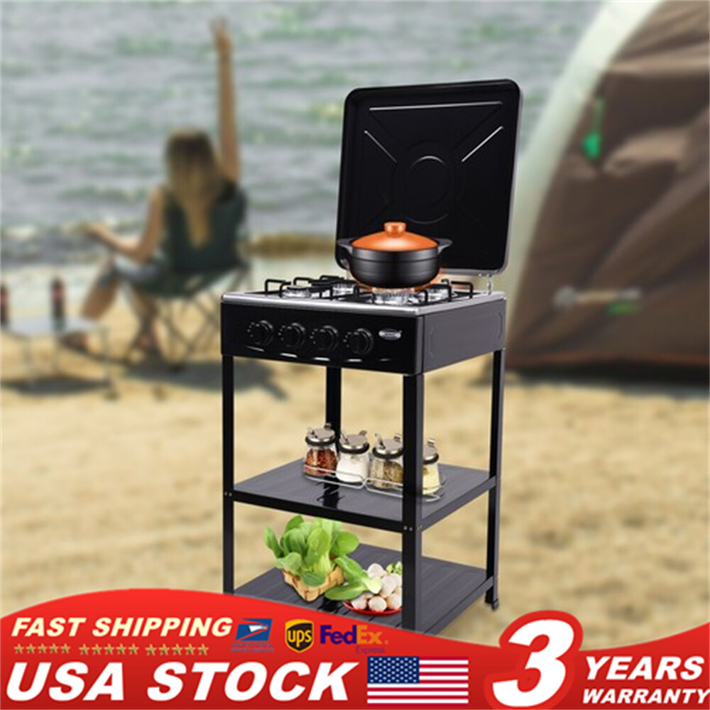 Outdoor Gas 4 Burner Stove Cooker w/Iron Stand 2-Tier Storage w/Windshelter Lid