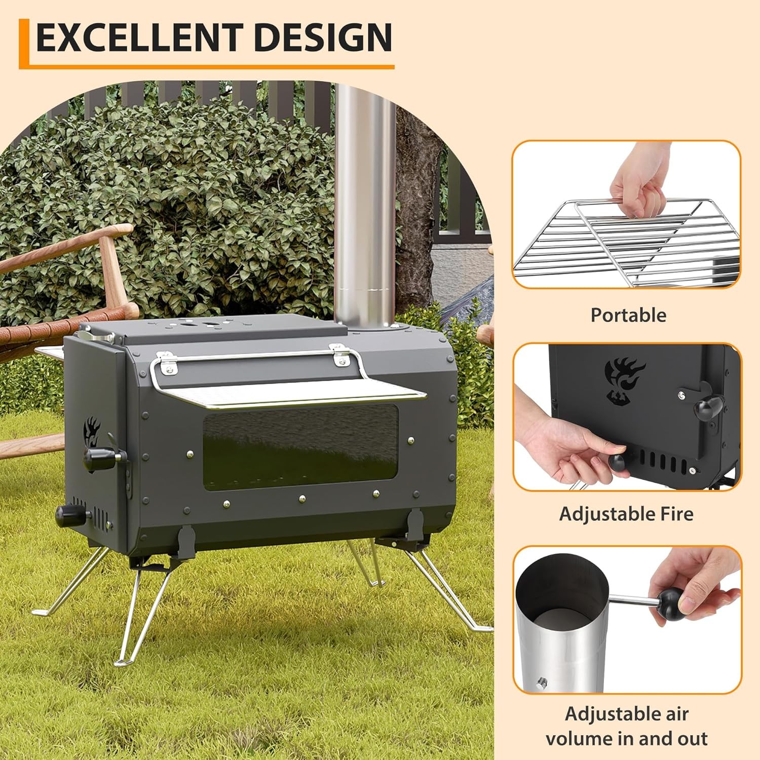 Portable Cast Iron Wood Stove W/ View Glass & Chimney for Tent Camping & Cooking