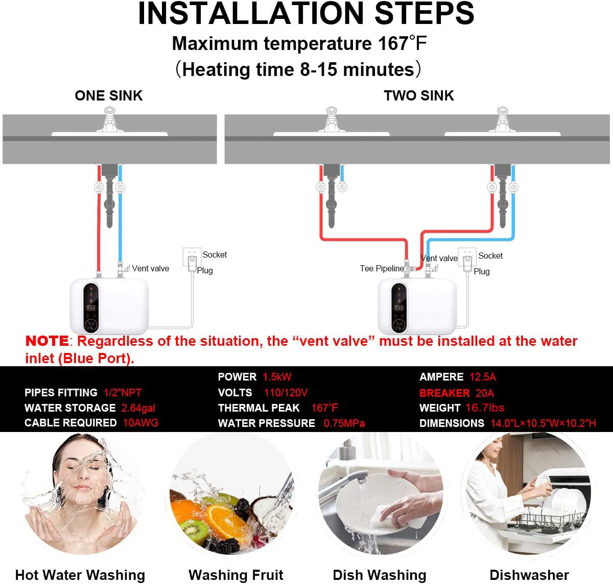 Instant Electric Hot Water Heater Shower Compact Mini-Tank Storage RV 10L 1500W