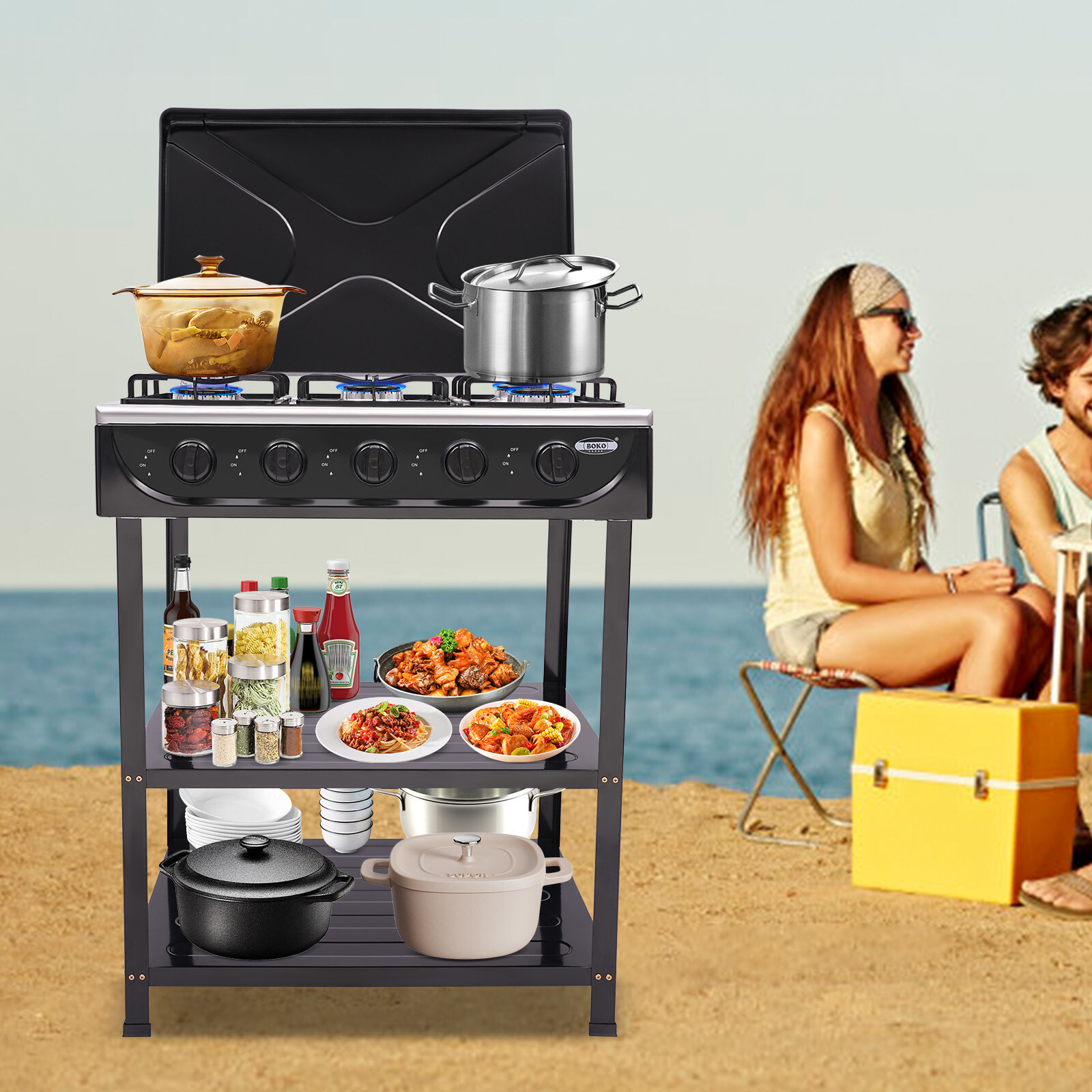 Outdoor Cooking Natural Gas Stove 5-Burners W/ Storage Rack For Camping/Kitchen