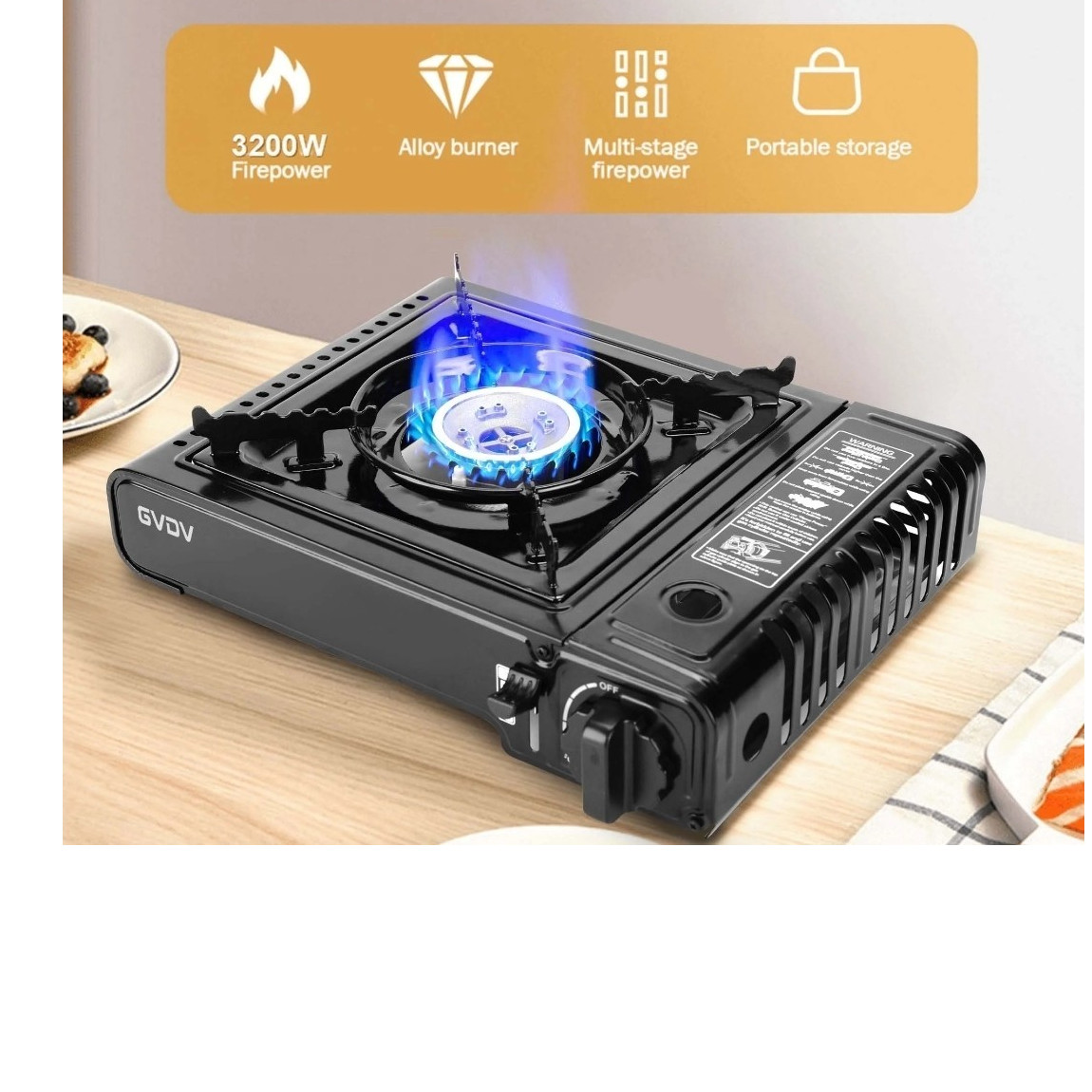 GVDV Portable Butane Stove 8530 BTU Alloy Burner Piezo Ignition Carry Case
