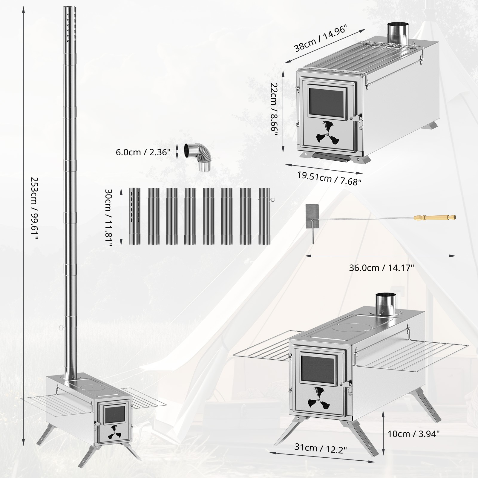 Portable Camping Wood Stove – Stainless Steel Tent Stove with 7 Chimney Pipes