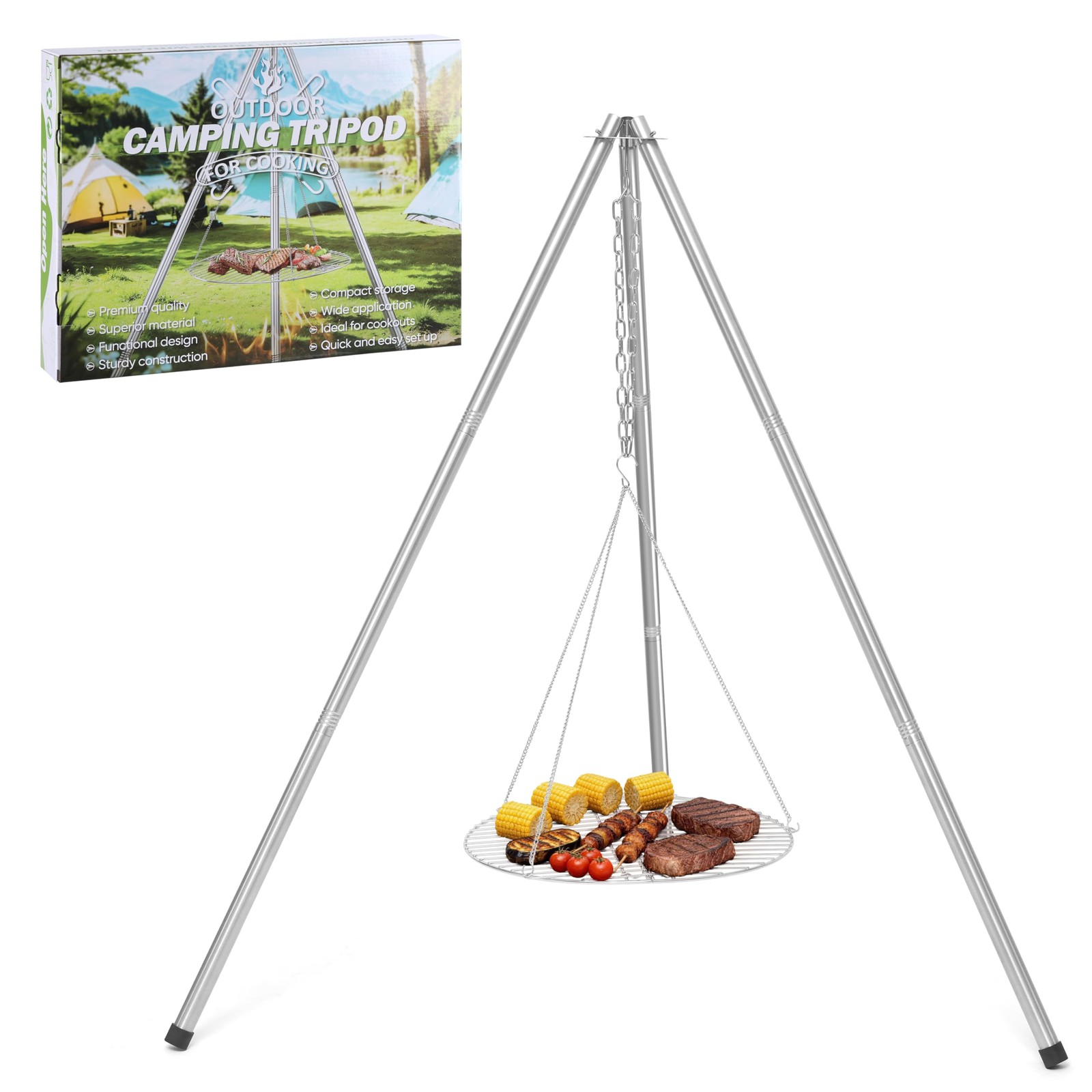 Stainless Steel Campfire Tripod for Cooking, Camping Tripod Grill with 17” Fo…