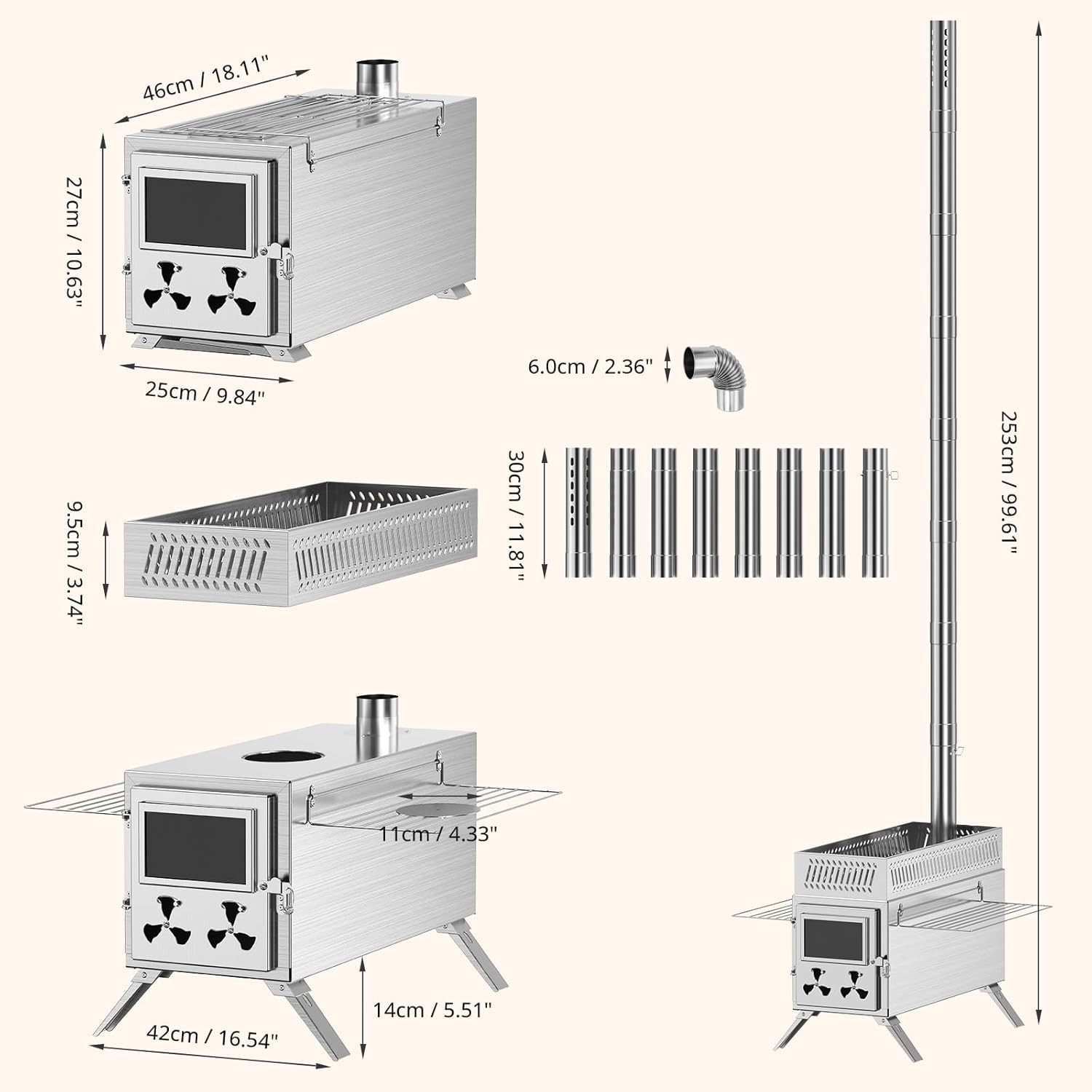 MOPHOTO 2in1 Sauna Hot Tent Stove Burning Stove With Stone Box 8 Chimney Pipes