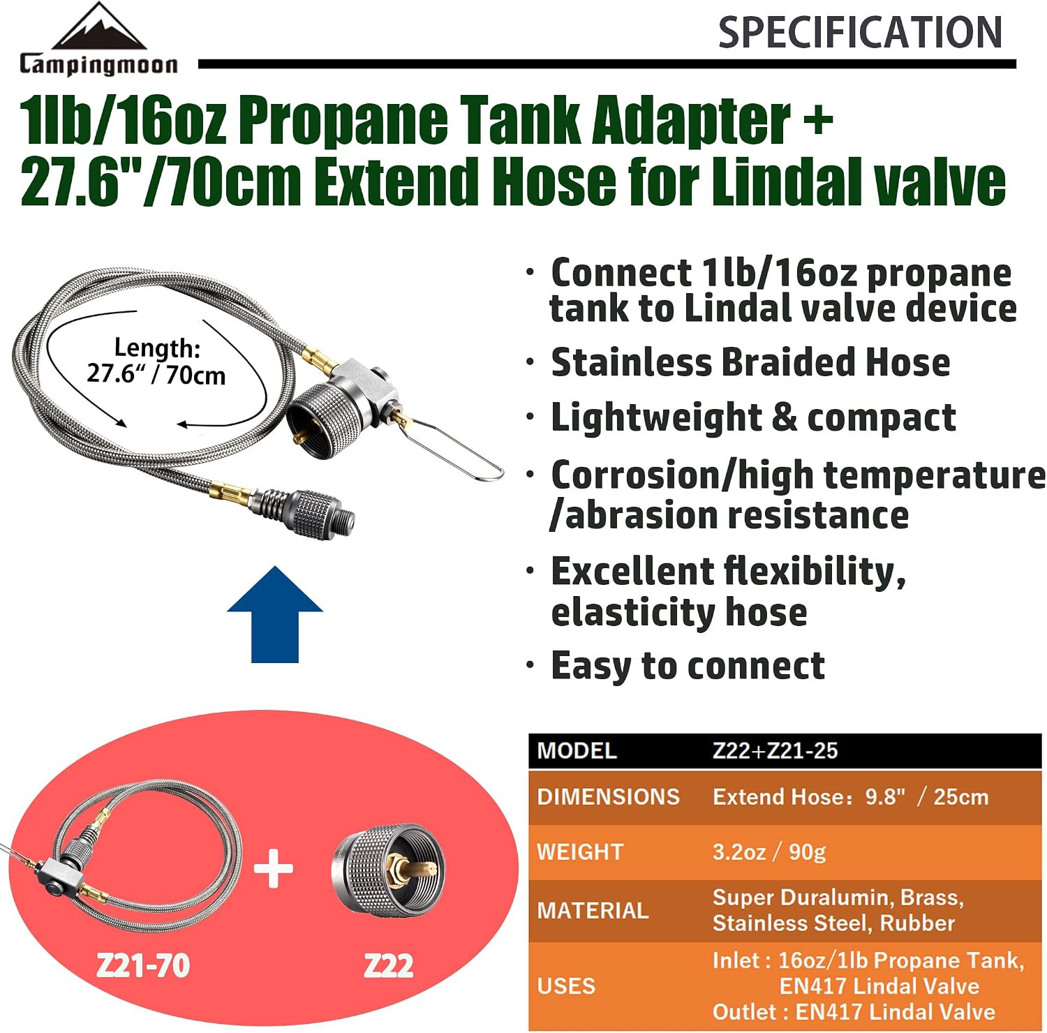 CAMPINGMOON Propane to Butane Camping Stove Adapter with Hose Valve Convert 16Oz