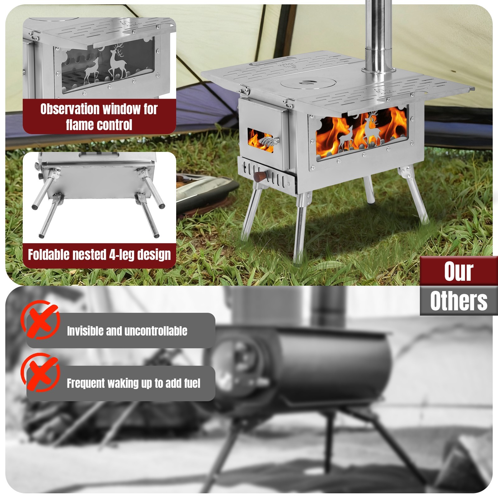 Portable Wood Burning Stove w Pipes Hot Tent Stove for Outdoor Camping & Heating