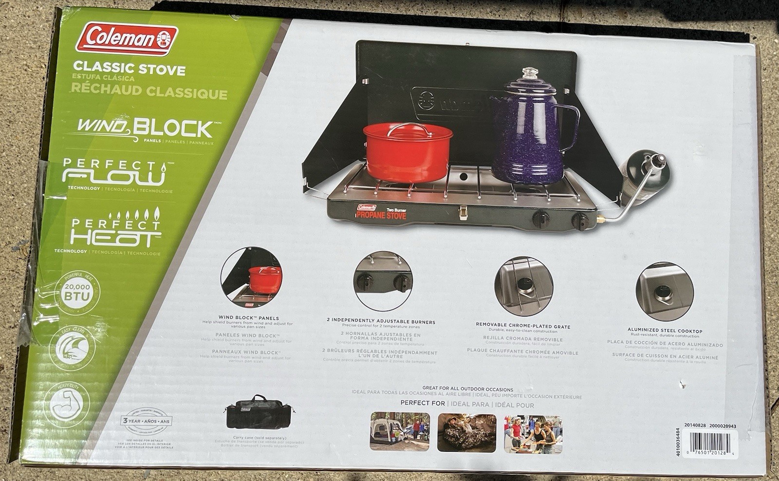 New in Box Coleman Classic 2 Burner 20000 BTU Propane Camp Stove Wind Block NIB