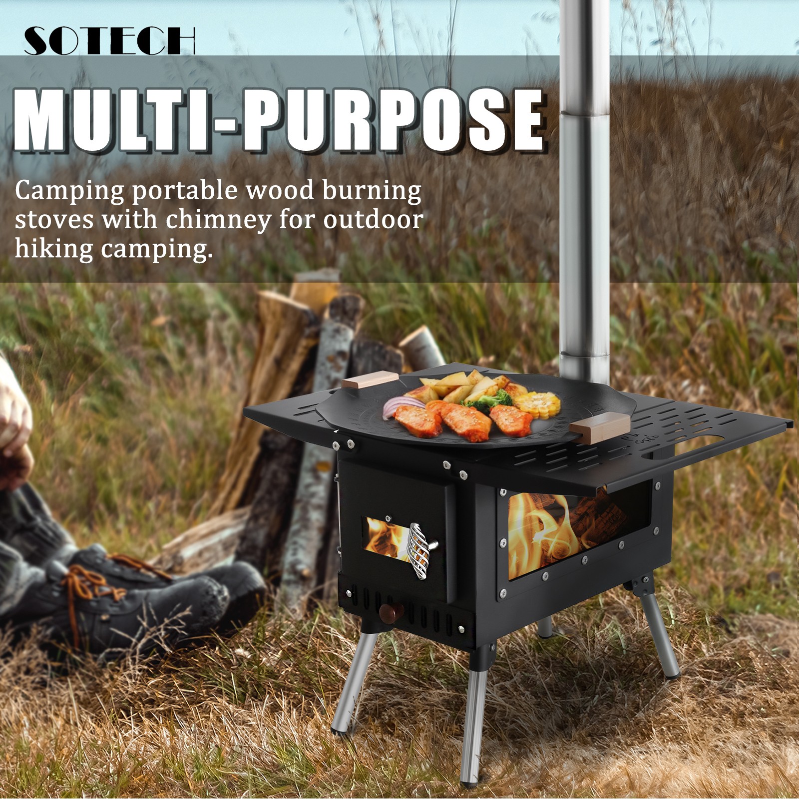 SOTECH Black Wood Stove Portable Camp Fire Heater Grill Camping Hiking Outdoor