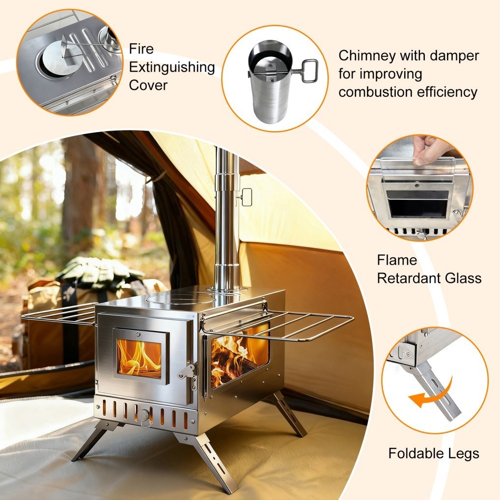 Portable Wood Burning Stove with 6 Stainless Chimney Pipes for Outdoor Hot Tent