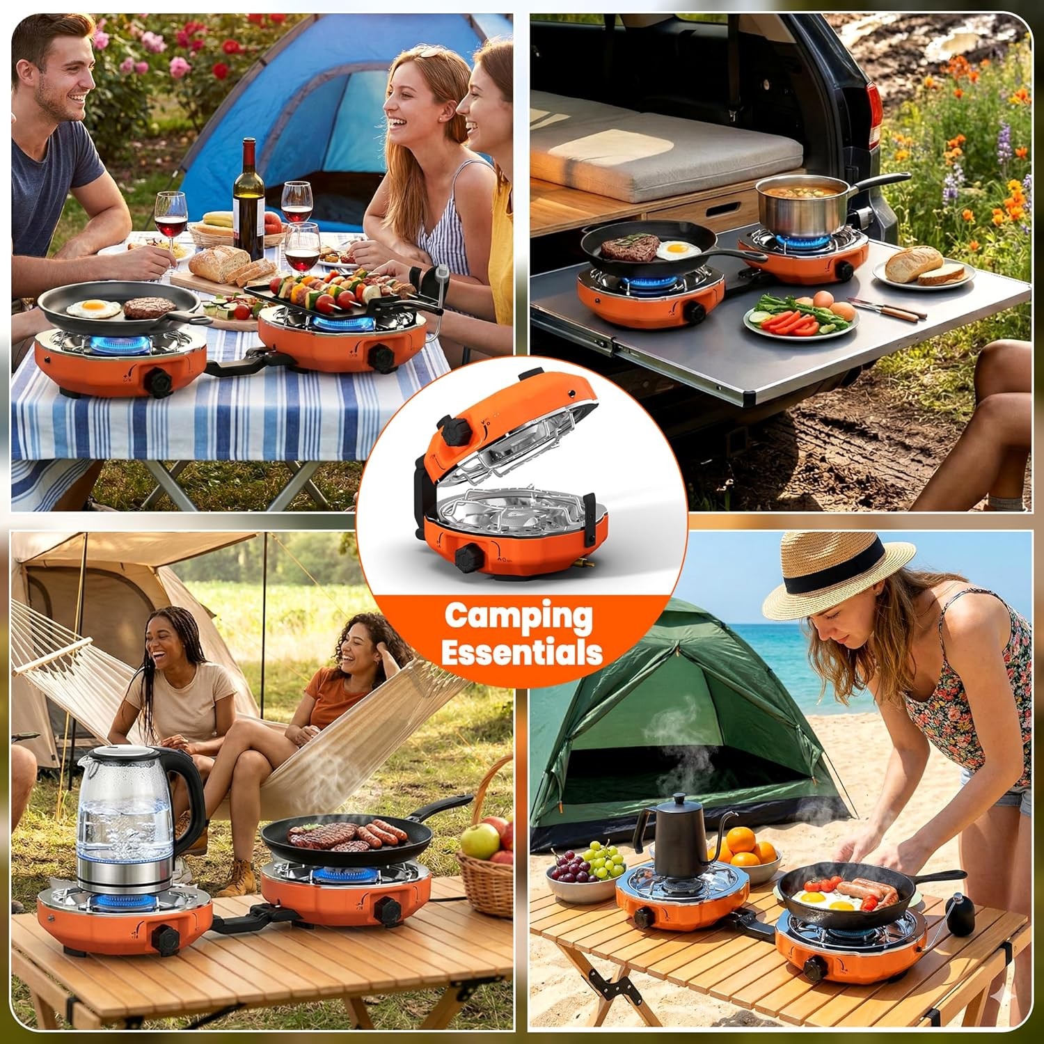 20,000 Btus 2 Burner Propane Camping Stove, Portable Folding Camp Stove with Adj
